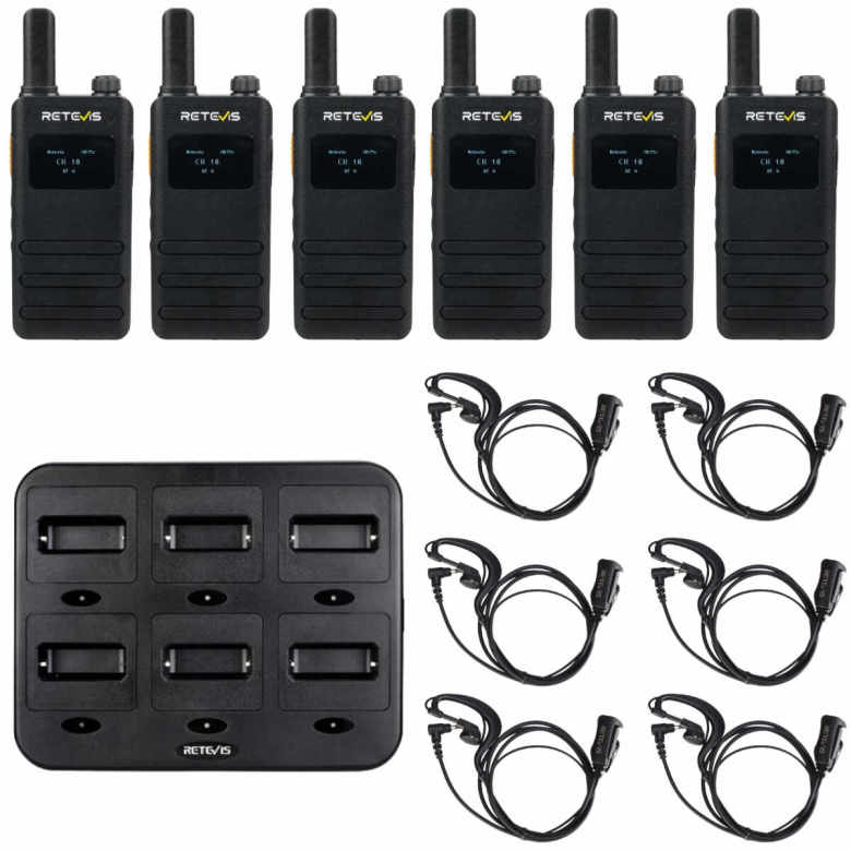 Retevis B3S FRS Radio 6 Packs with Earpieces and 6-Way Charger | License-Free | Ultra-Thin | LCD Display | Long Battery Life | USB-C Charging