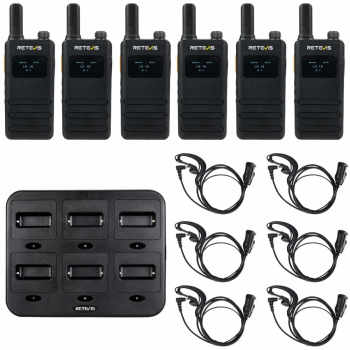 Retevis B3S FRS Radio 6 Packs with Earpieces and 6-Way Charger | License-Free | Ultra-Thin | LCD Display | Long Battery Life | USB-C Charging