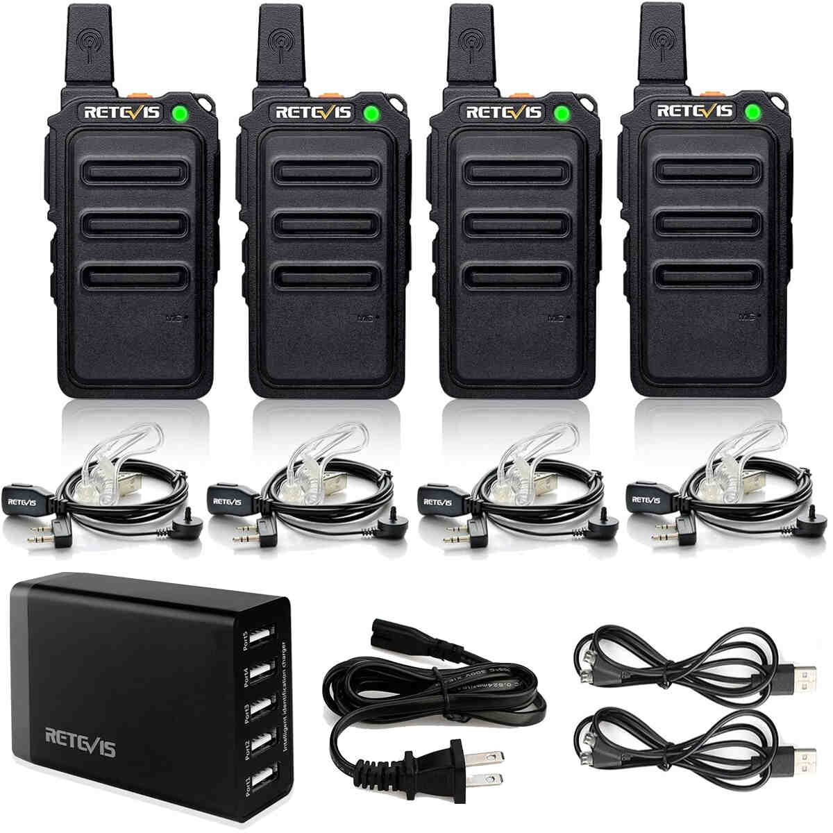 RT19 FRS Portable Mini Radio with Earpieces and 5-Port Charger 