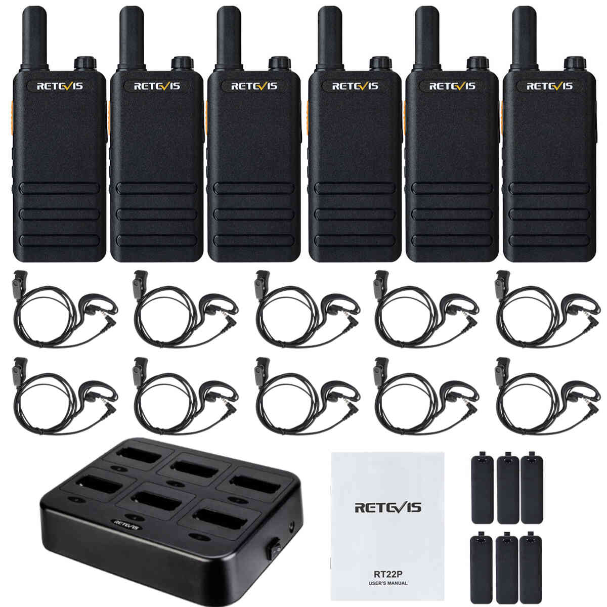 RT22P Portable Slim Walkie Talkie 6PCS with 6-Way Charger and Earpieces 
