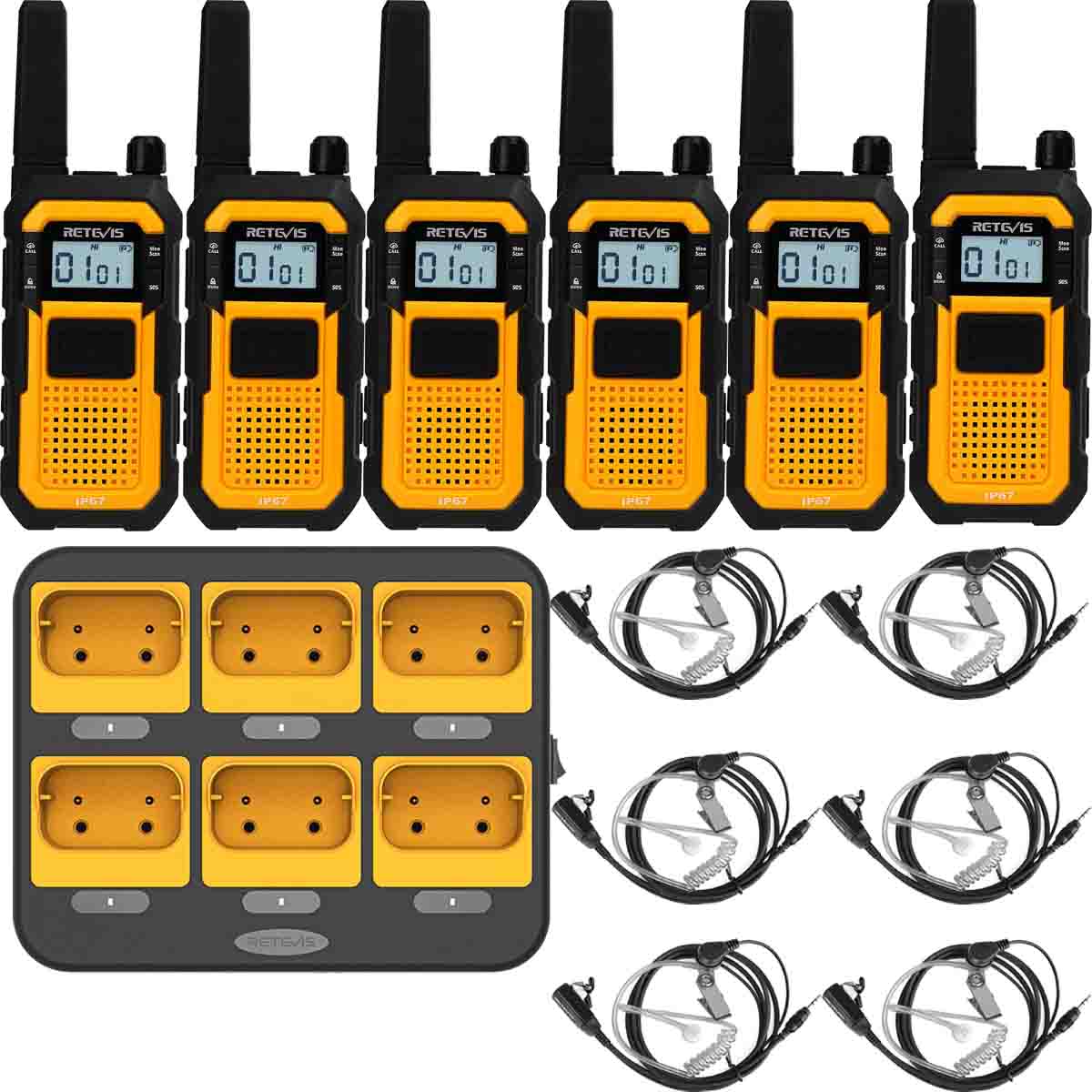 Retevis RB48 Waterproof Heavy Duty Two Way Radio 6 Pack with 6 Headsets Plus Gang Charger