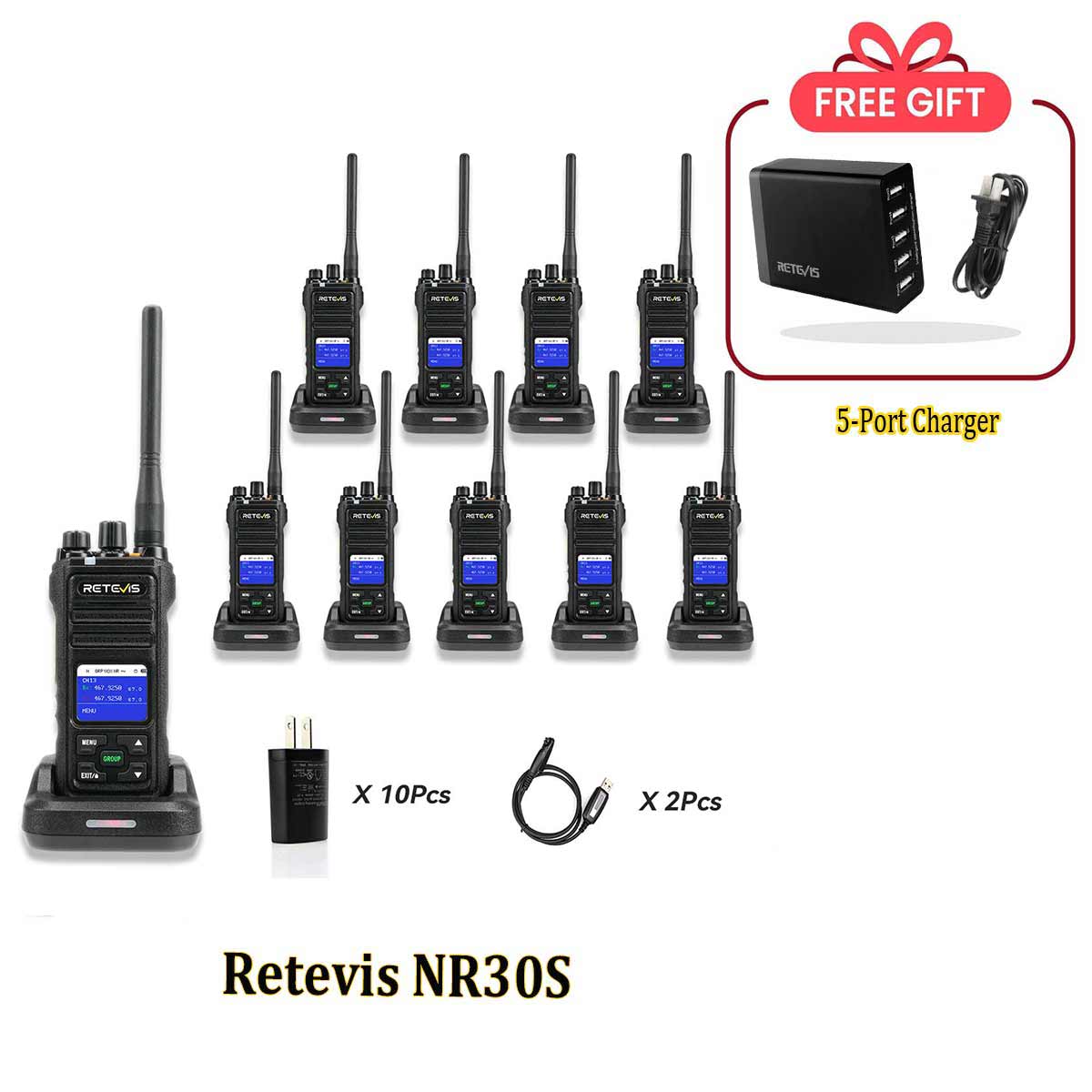 Retevis NR30S Rugged GMRS Handheld Radio 10Pack with Programming Cable