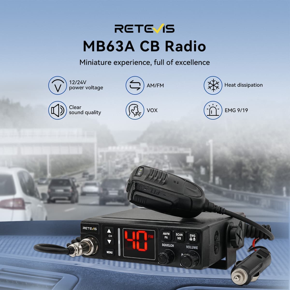 Retevis MB63A Dual-Mode AM/FM CB Radio With Automatic Noise
