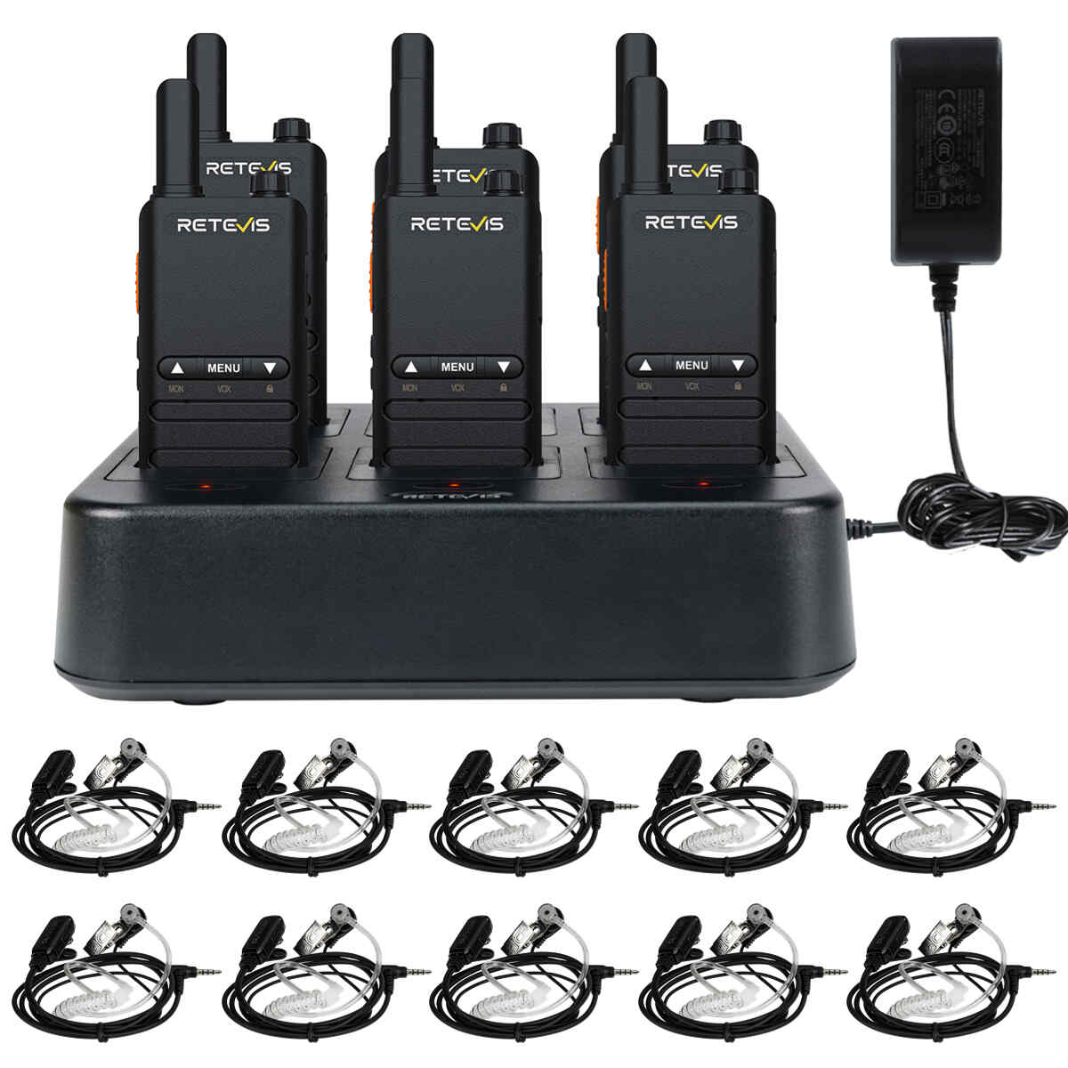 Retevis B63B Portable PMR446 Radio (6 PCS) with 6-Way Charger and 10 Earpieces