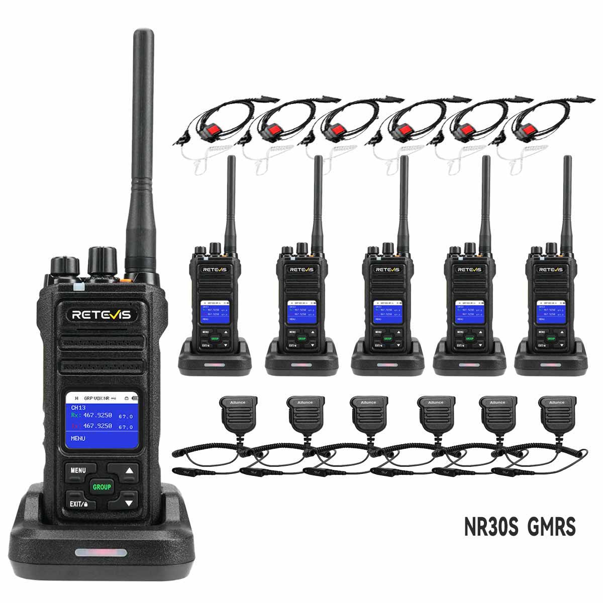 Retevis NR30S GMRS Walkie Talkie with Earpieces and Mics 6Pack