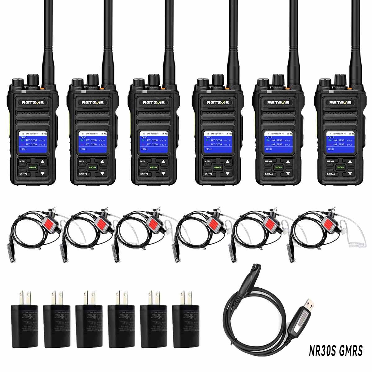 Retevis NR30S GMRS Walkie Talkie with Earpieces and Mics 6Pack