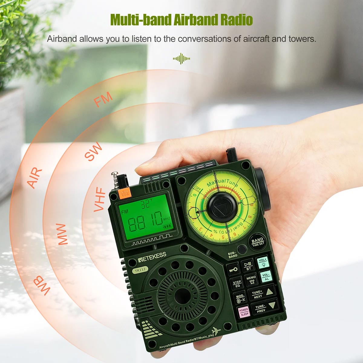 TR112 Shortwave Radio, AIR VHF AM FM SW WB Multiband with Bluetooth, APP Control, and More