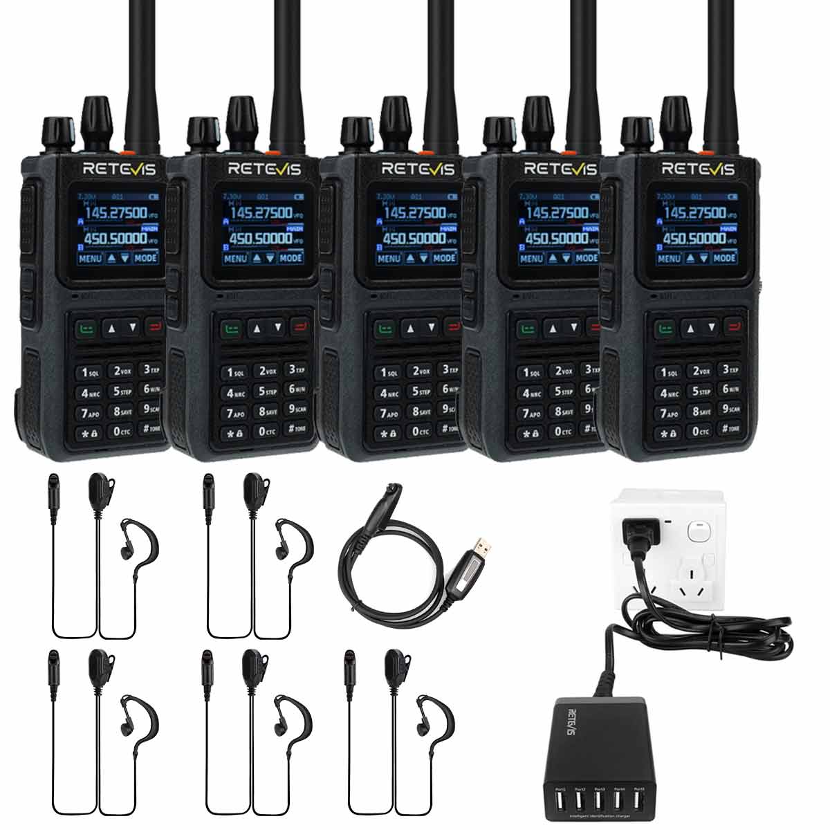 Retevis C1 5W Waterproof Noise Reduction UV Radio With G-Shaped Earphones And 5-port Charger 5 Pack