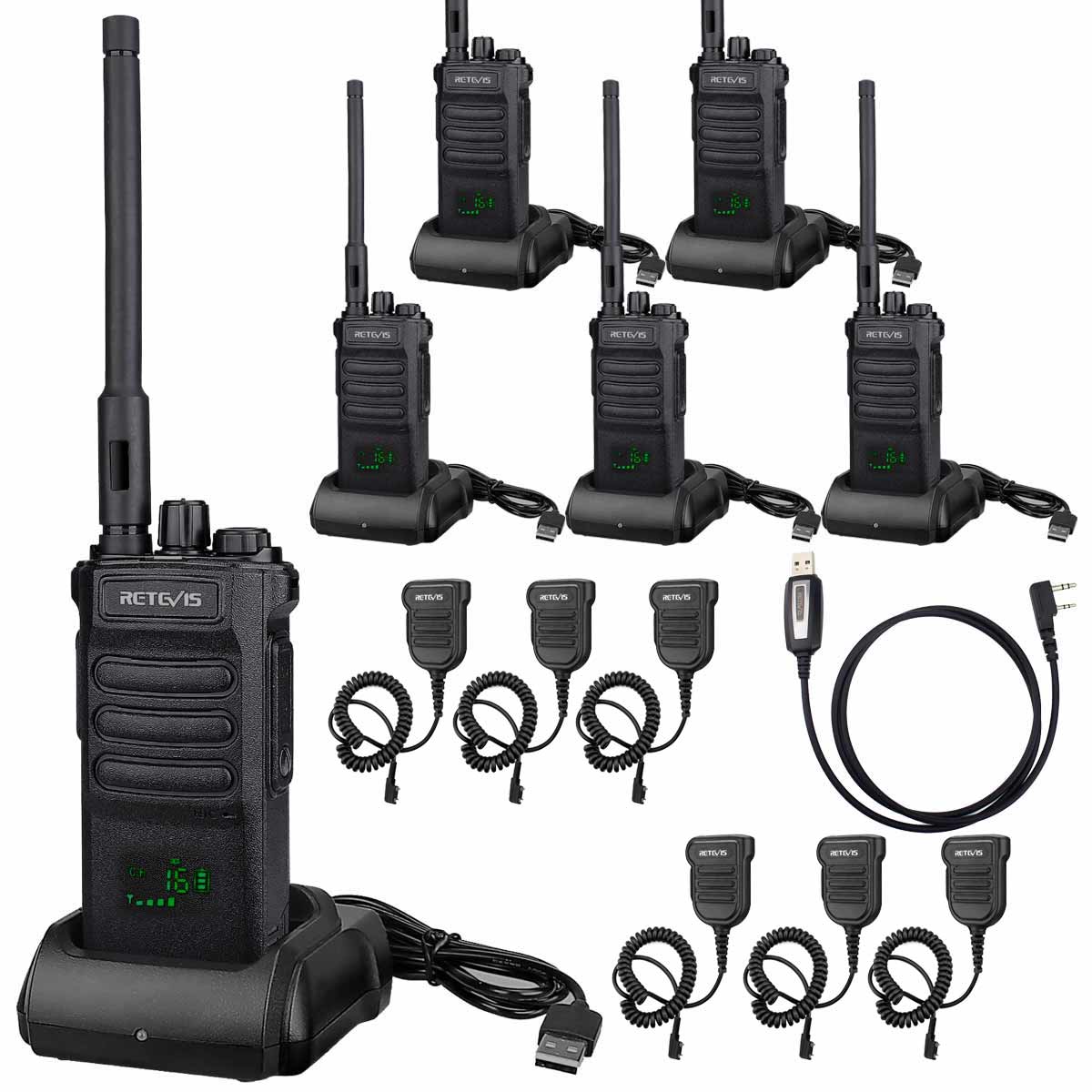 RT86 Long Range UHF Business Radio (6 Pack) with IP54 Waterproof Speaker Mic