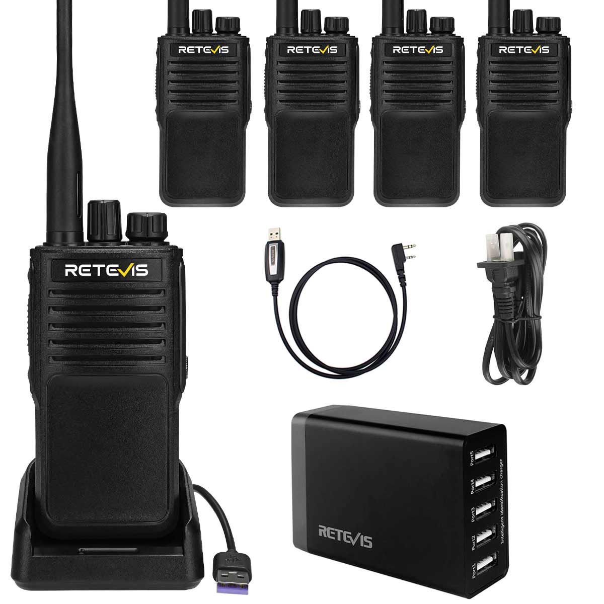 Retevis P2 High Power Handheld Radio (5 Pcs)+5-Port USB Charger