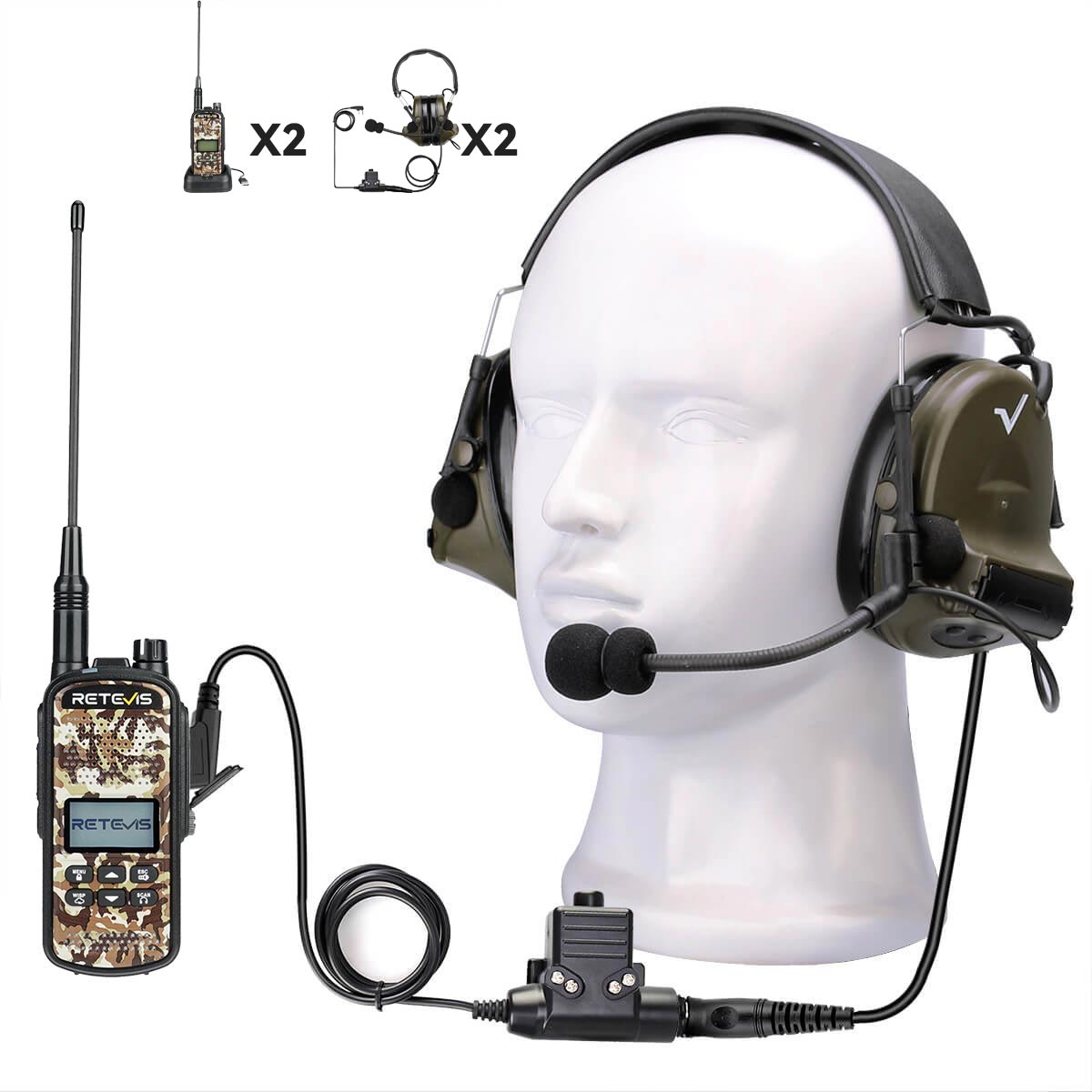 Retevis EZTalk 2 GMRS Radio with U94 Electronic Pickup Headphones (2 Pack)