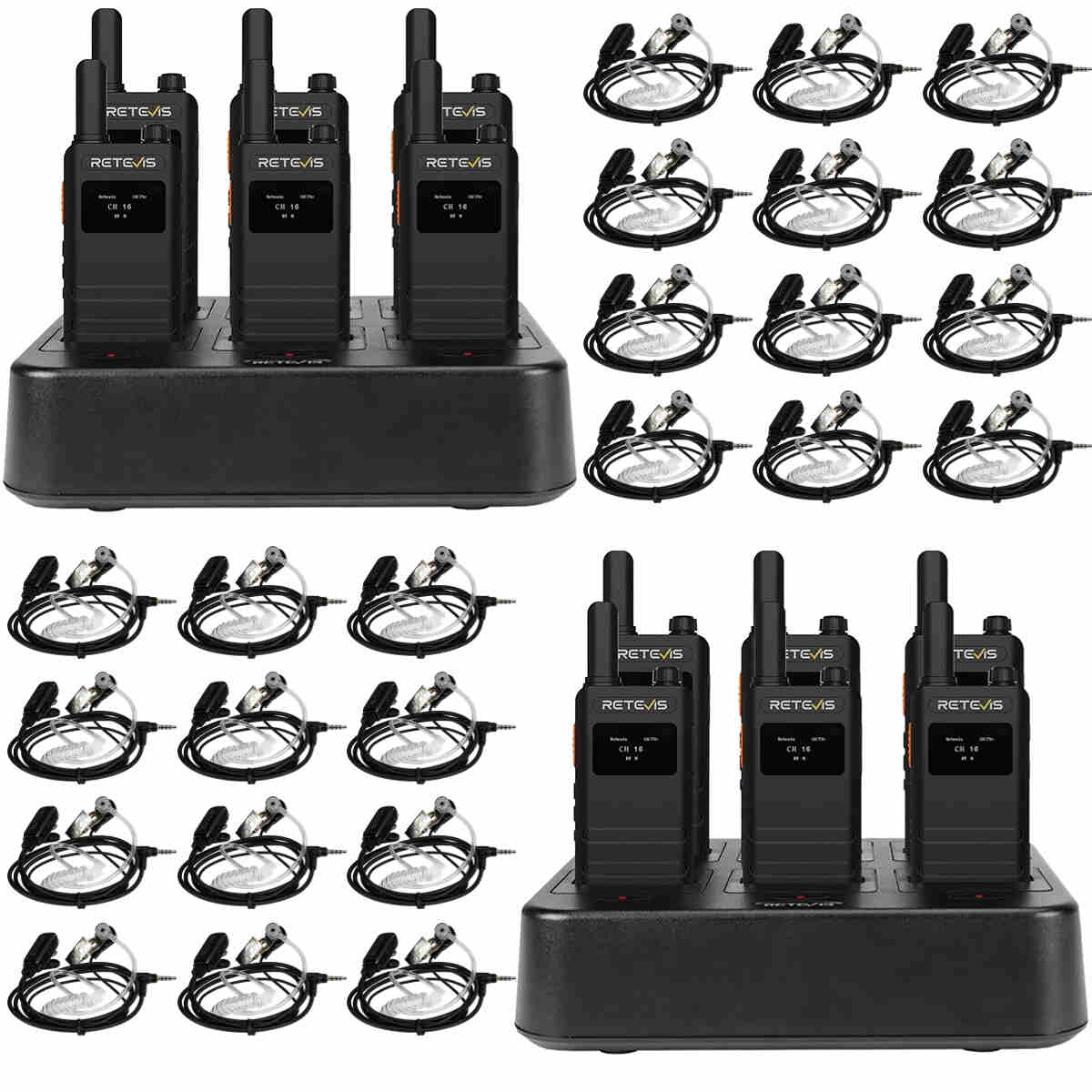 Retevis B3S Slim Walkie Talkie (12PCS) with 24 Earpieces and 2 Six-Way Chargers