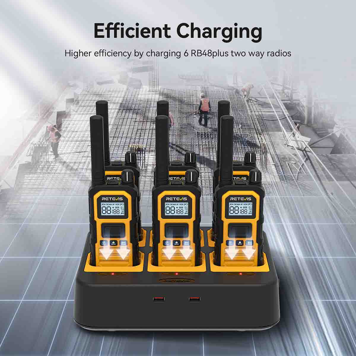 RB48P GMRS Waterproof Shock Resistant Long Range Heavy Duty Radios 6Pack with 6-Way Charger
