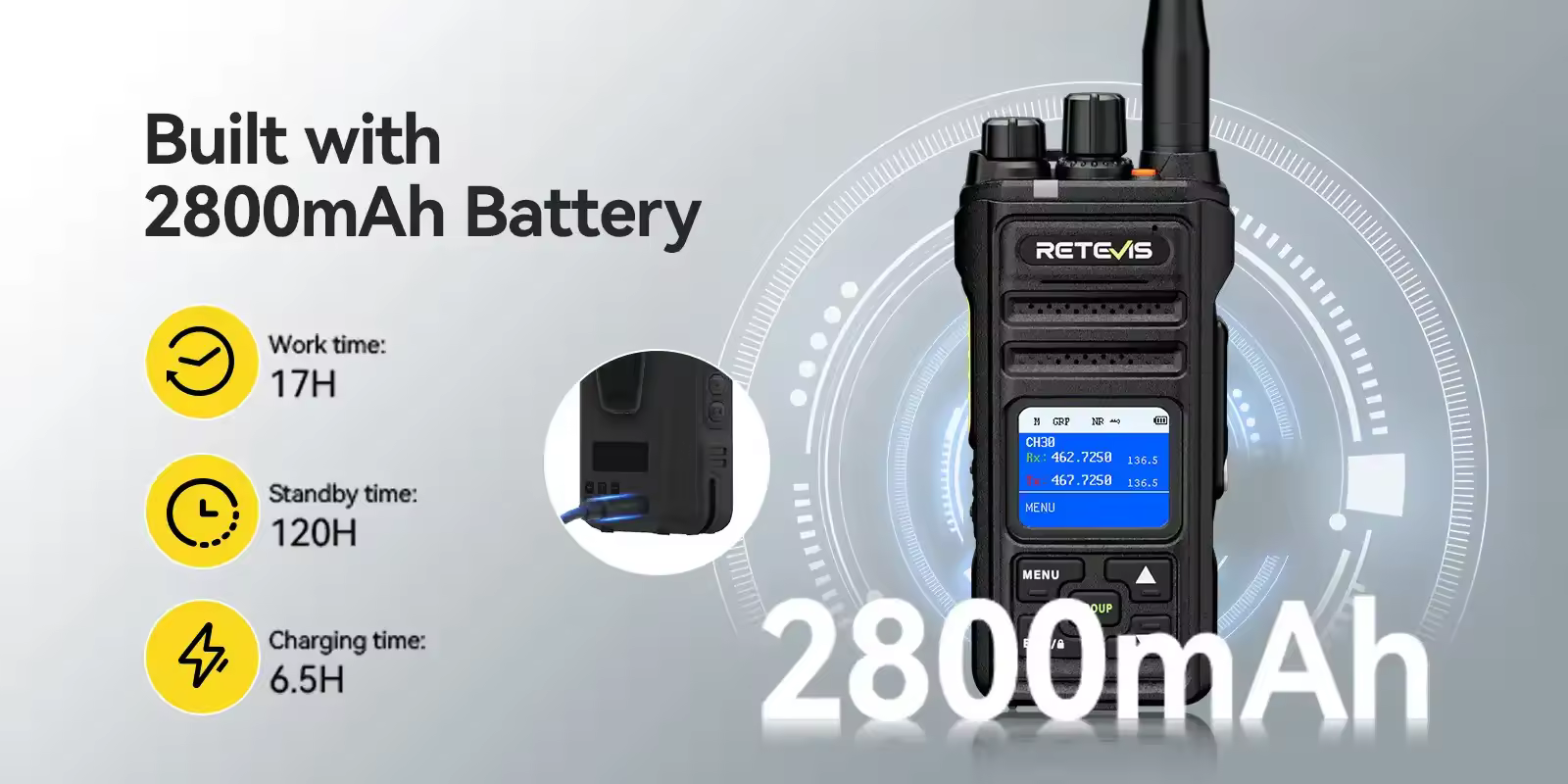 Retevis NR30S GMRS walkie talkie with 2800mAh long lasting battery
