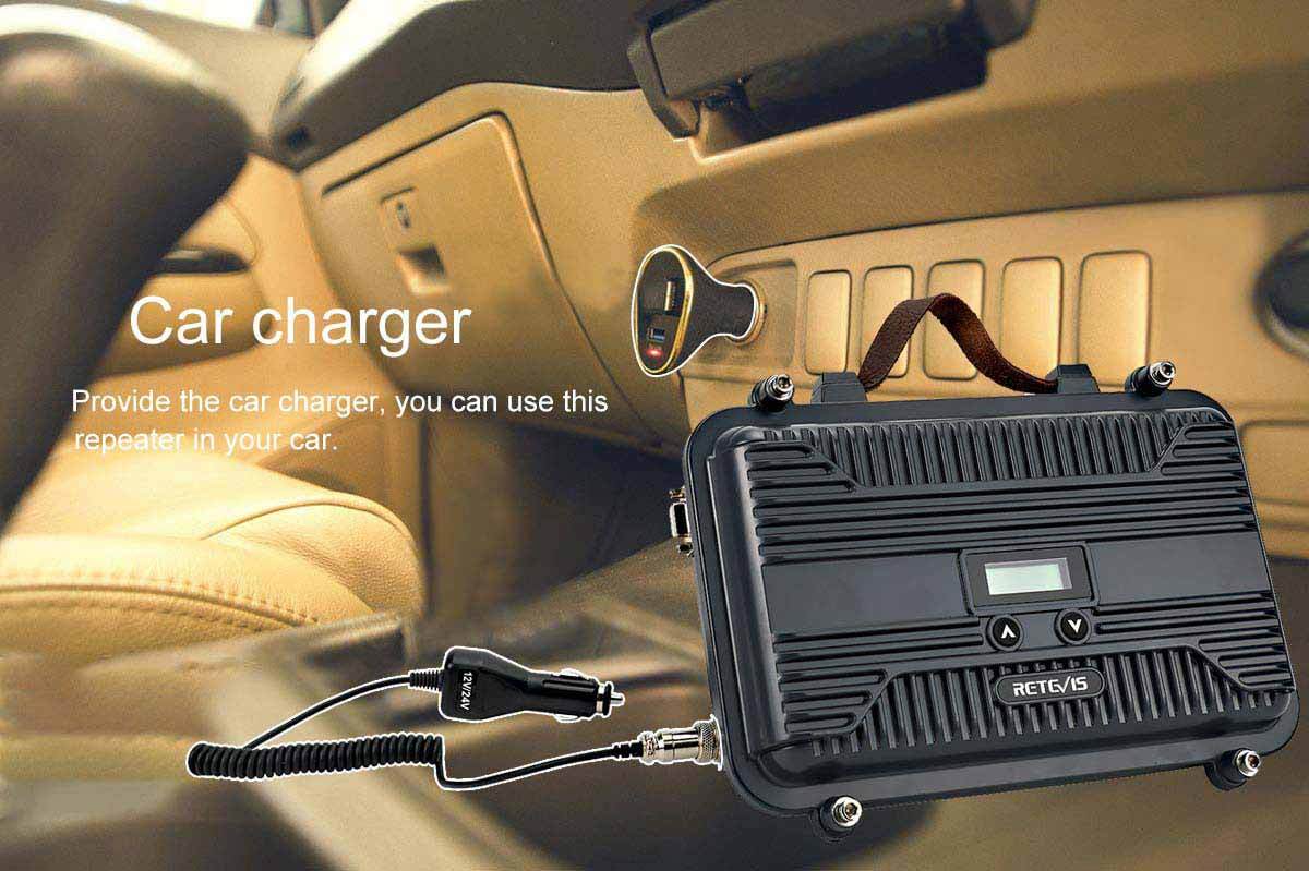 RT97P repeater power options: AC adapter, car plug, and solar panel
