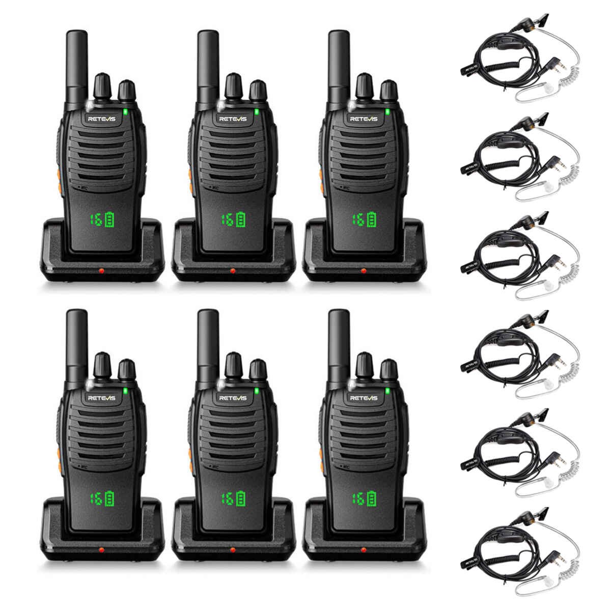 Retevis H777H FRS Lightweight Walkie Talkies with Hidden Display (6 Pack) + Earpieces