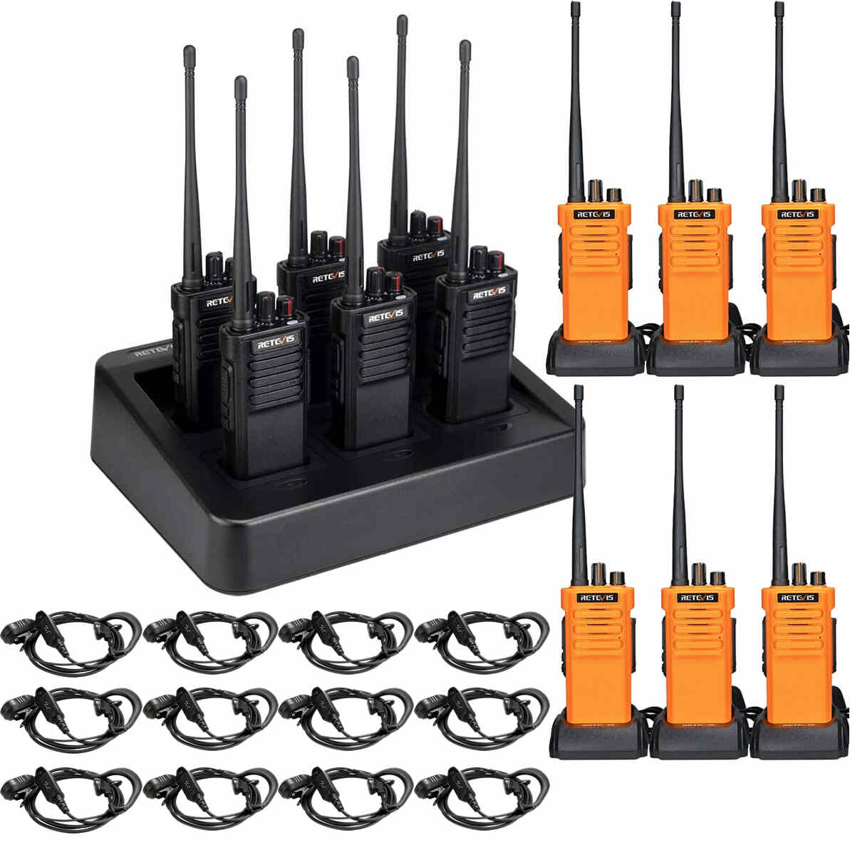 Retevis RT29 Long Range UHF Radio with Earpiece (12 Pack) and Six-Way-Charger