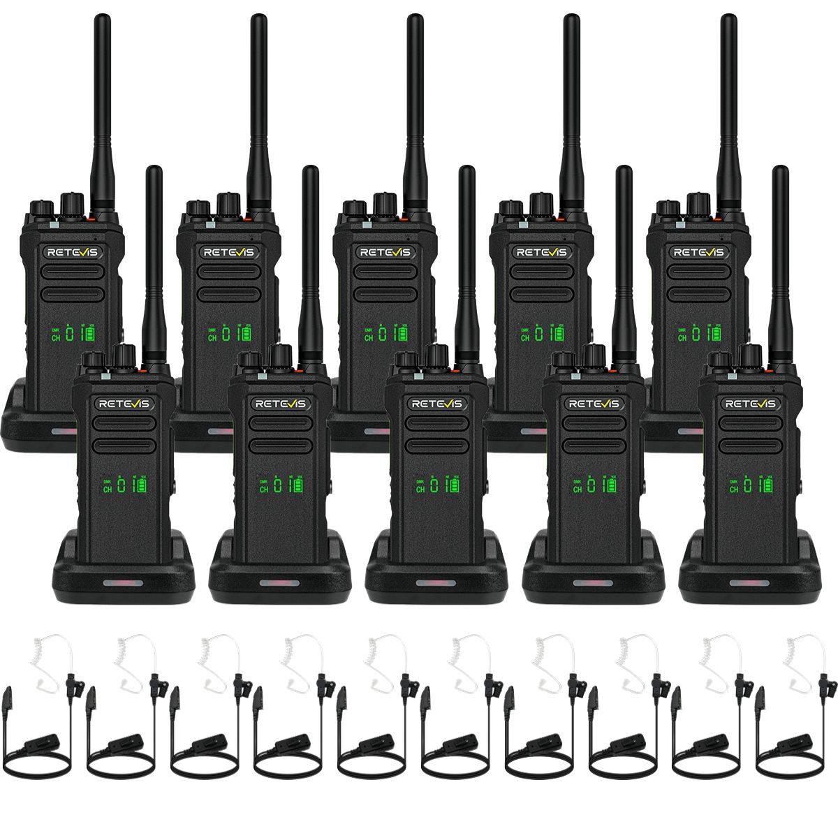 Retevis NR30D DMR Digital Two Way Radio with Noise Cancelling Radio Headset Bundle (10 Pack)