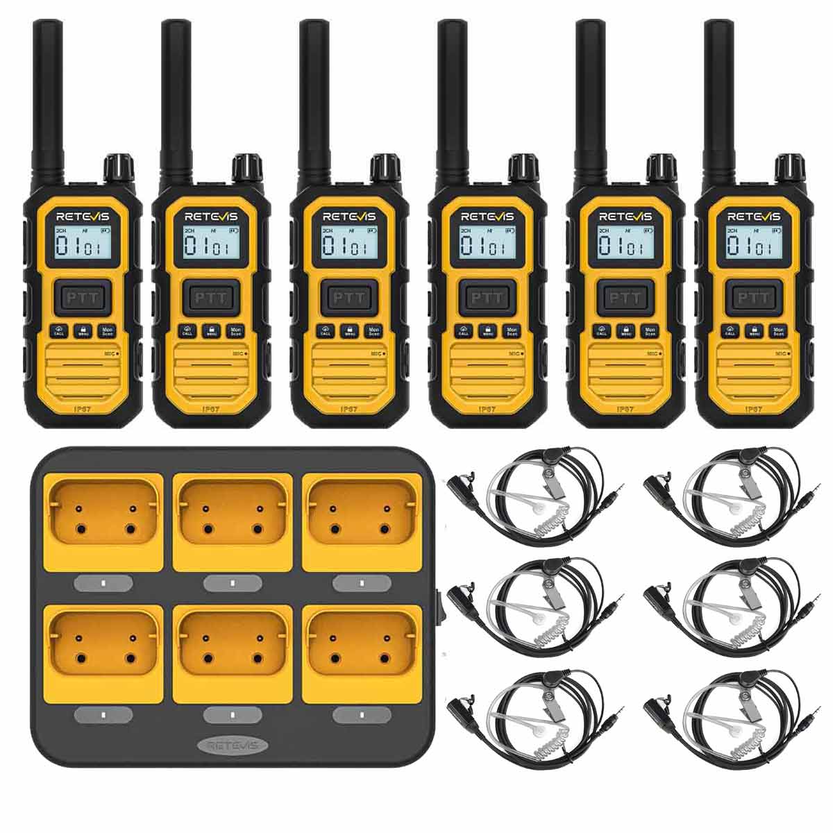 Retevis RB48P IP67 Industrial 2 Way Radios 6 pack with Earpiece plus Gang Charger