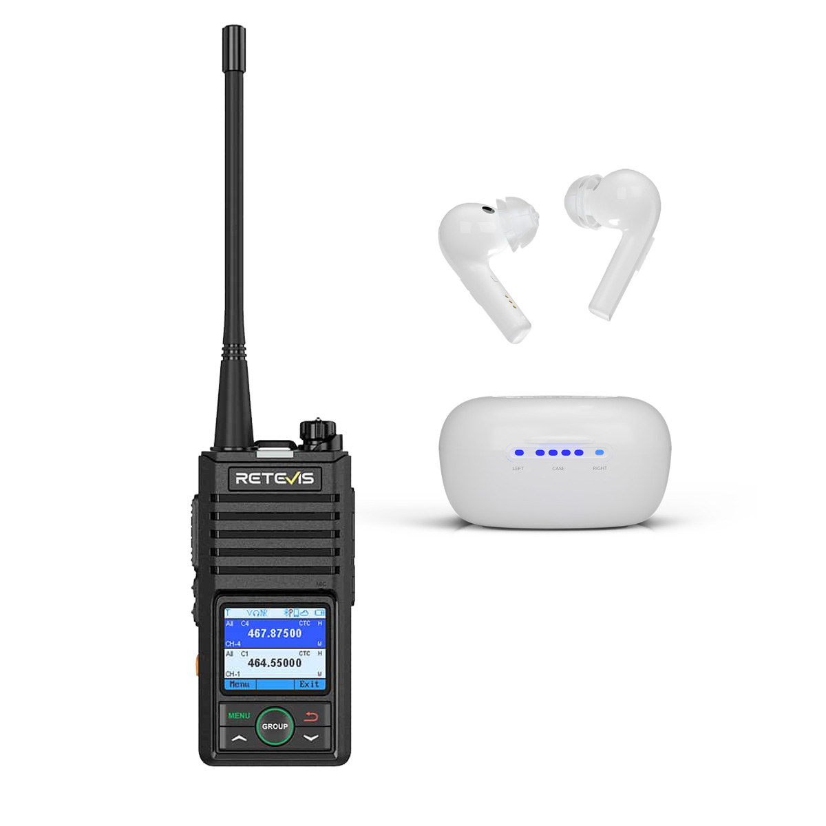 RB58 Bluetooth Two Way Radio and TWS Self-fitting OTC Bluetooth Hearing Aids bundle