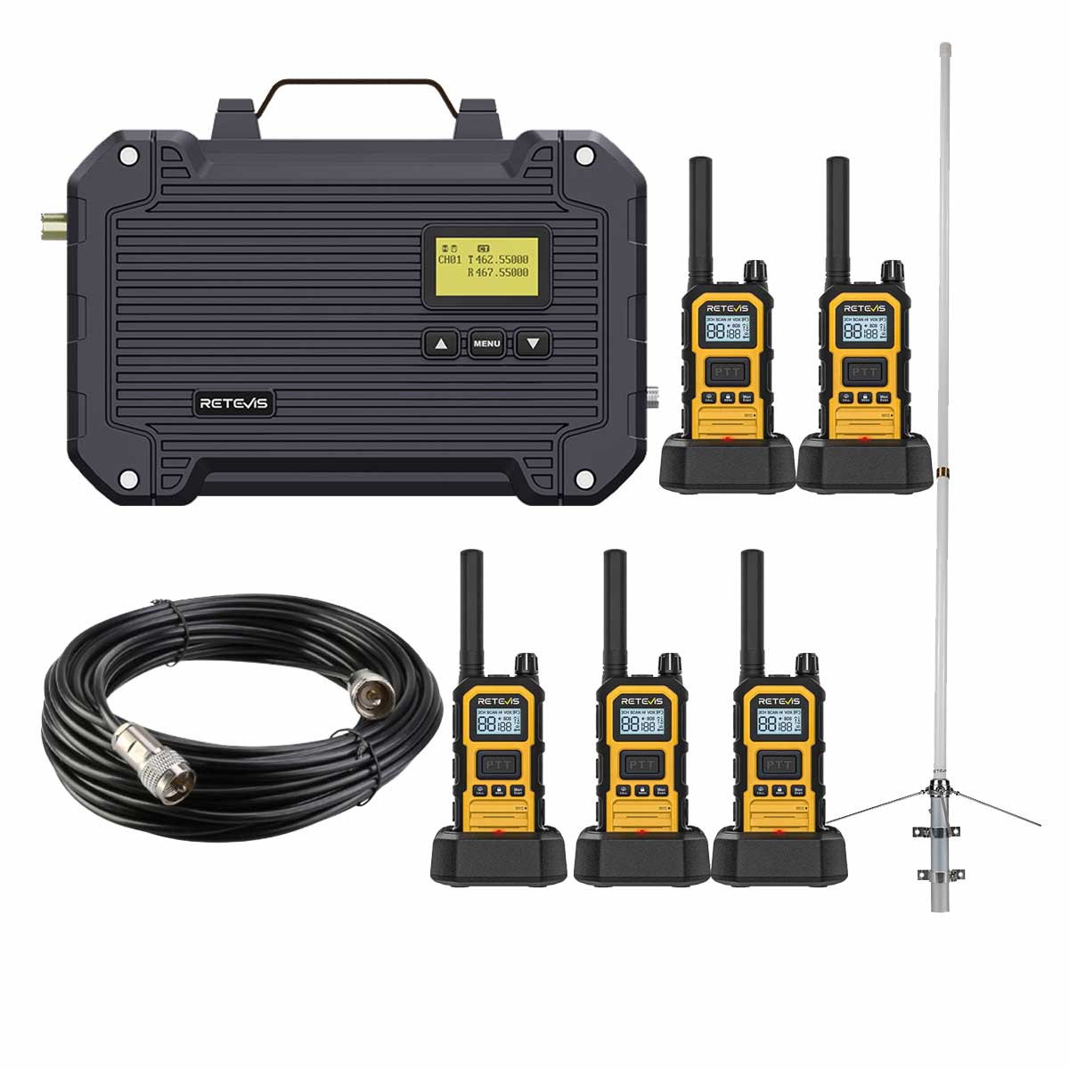 Retevis RB48P Construction Walkie Talkie 5pack with RT97L 25W GMRS Repeater Long Distance Communication Solution