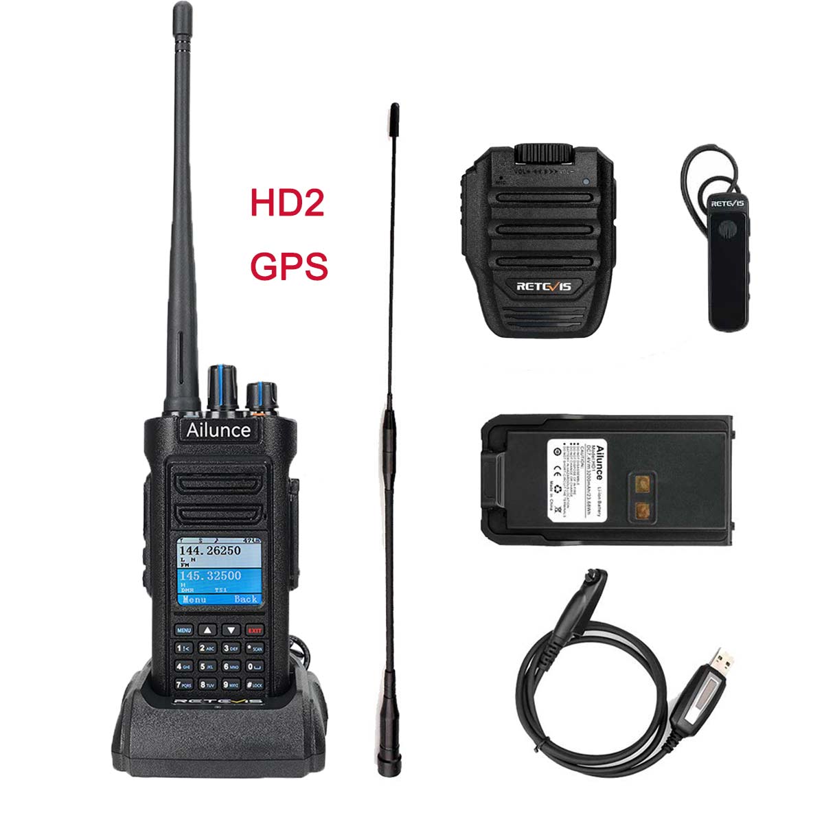 Retevis HD2-GPS+Bluetooth speaker+Program cable+Battery+Long antenna