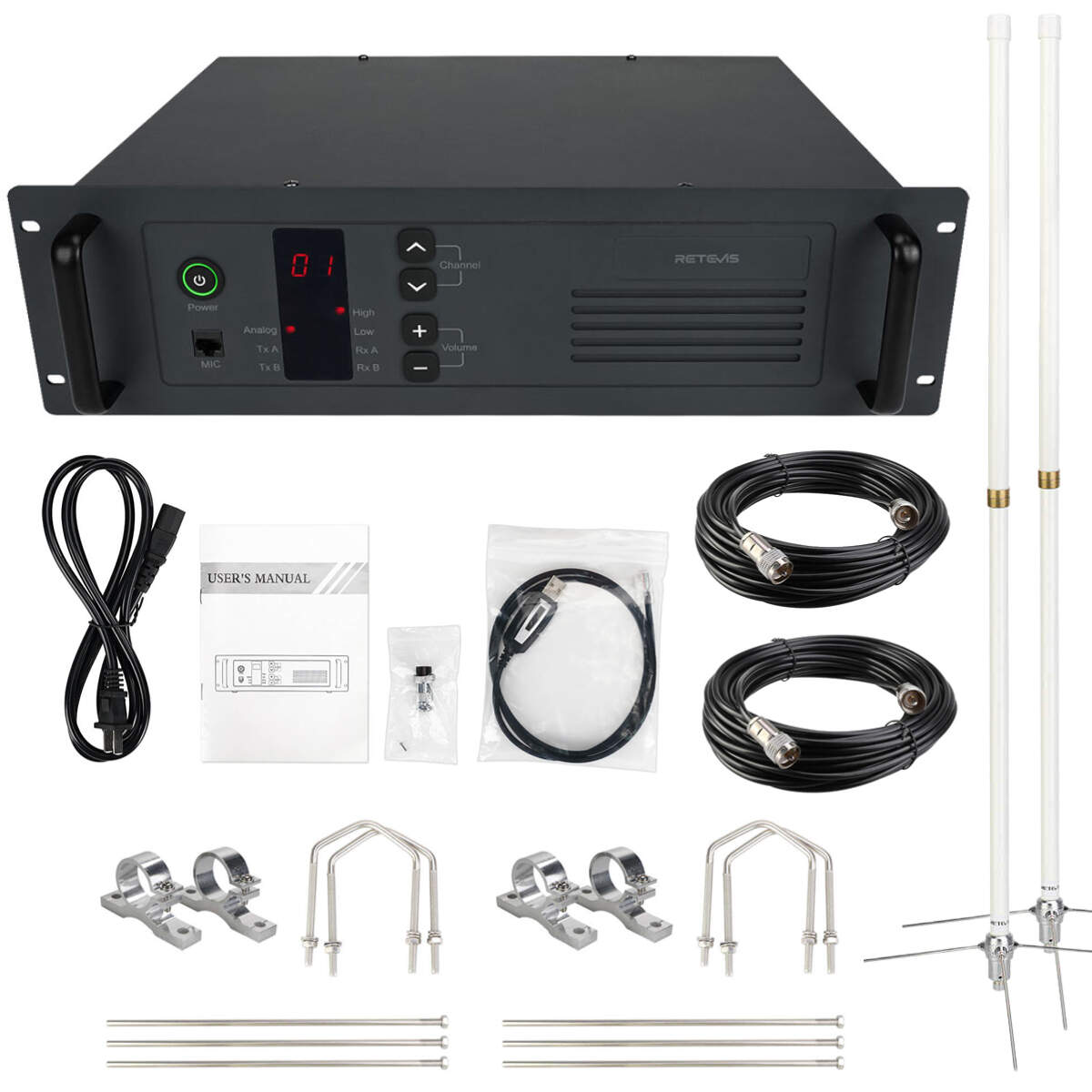 Retevis R1 25W Analog Repeater (No Duplexer) with GMRS Antennas and Coaxial Cables Kit