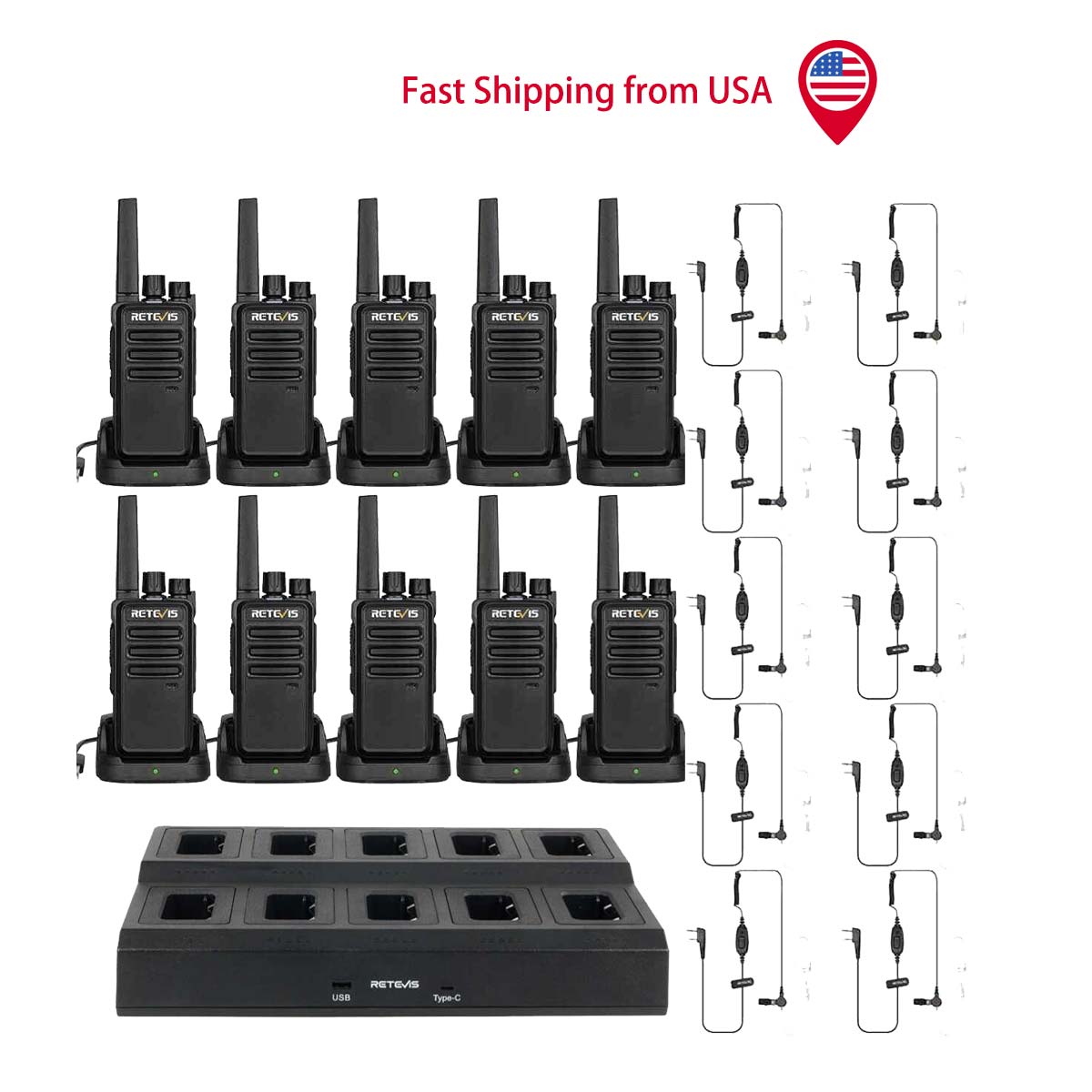Retevis RT68 Rugged Business Walkie Talkie 10PCS with Earpieces and 10-Way Charger 