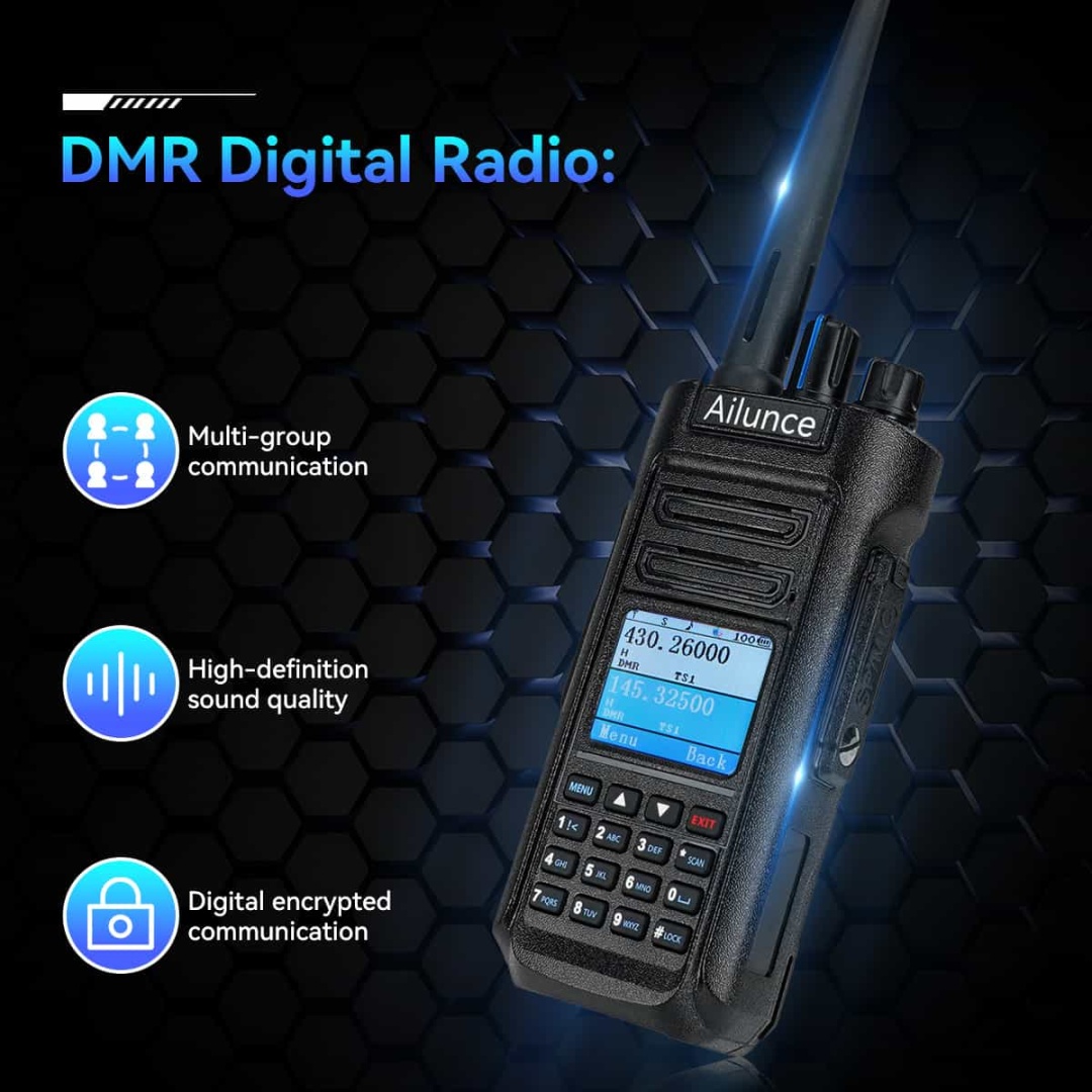 Ailunce DMR digital two-way radio featuring a color screen and keypad, highlighting multi-group communication, HD sound quality, and digital encryption features.