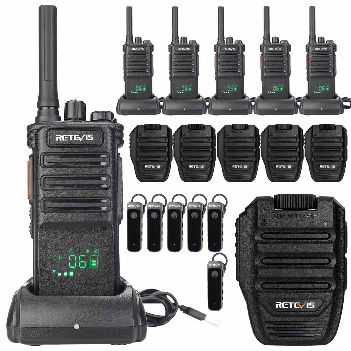 Retevis RB89 GMRS Walkie Talkie (6 Pack) with Shoulder Speaker Mic and Bluetooth Earpiece Kit