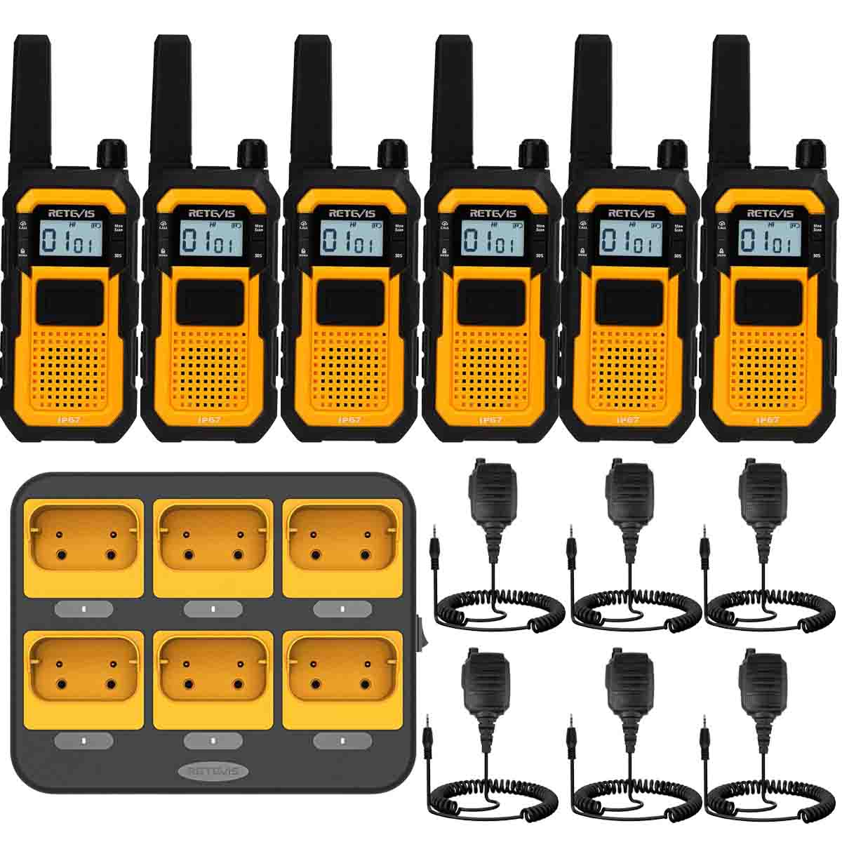 RB48 Heavy Duty Walkie Talkie with Speaker Mic 6pack plus 6 Way Multi Gang Charger