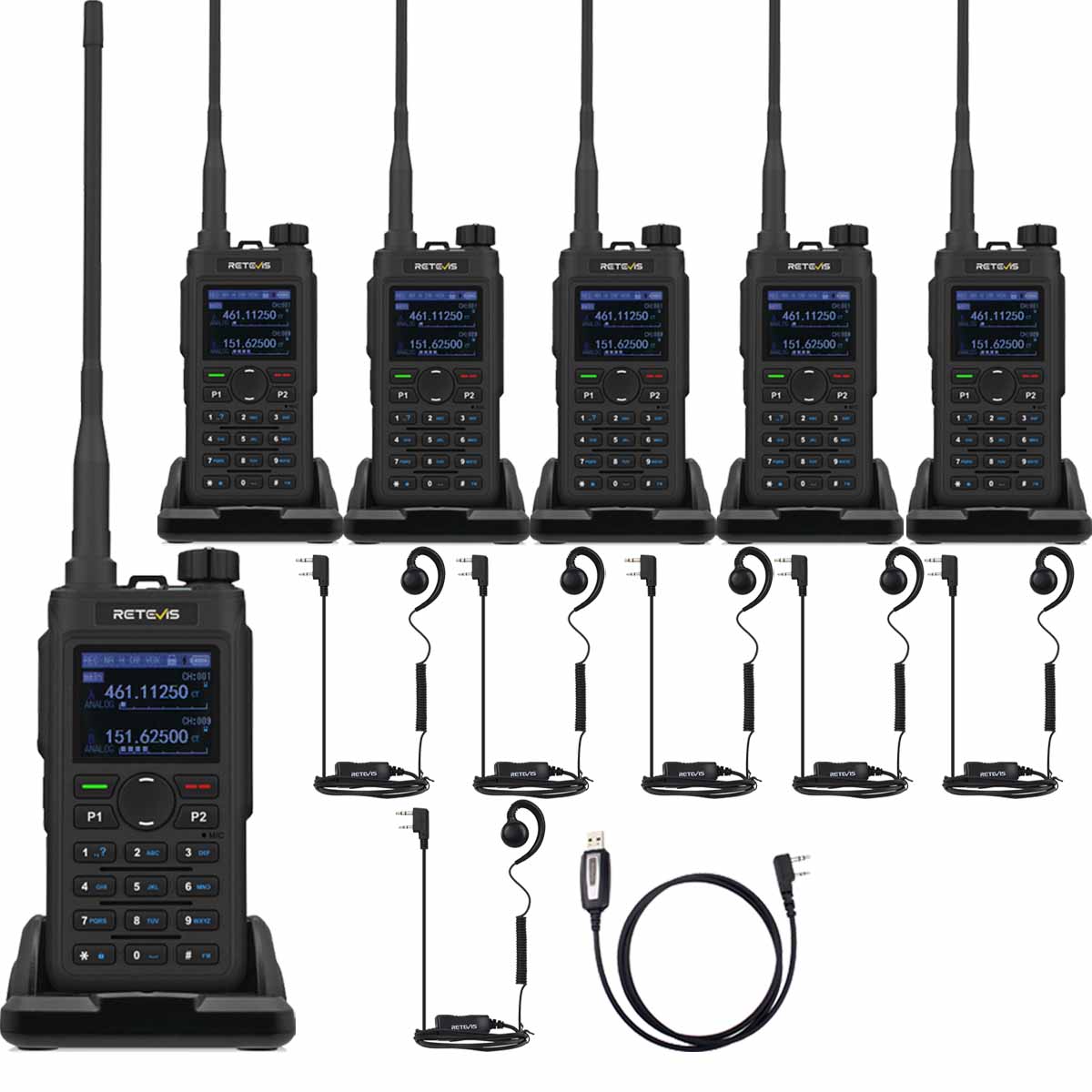 Retevis C62 UV 5W AI Noise Reduction Dual Watch Business Two Way Radio with Earpiece Kit 6 Pack
