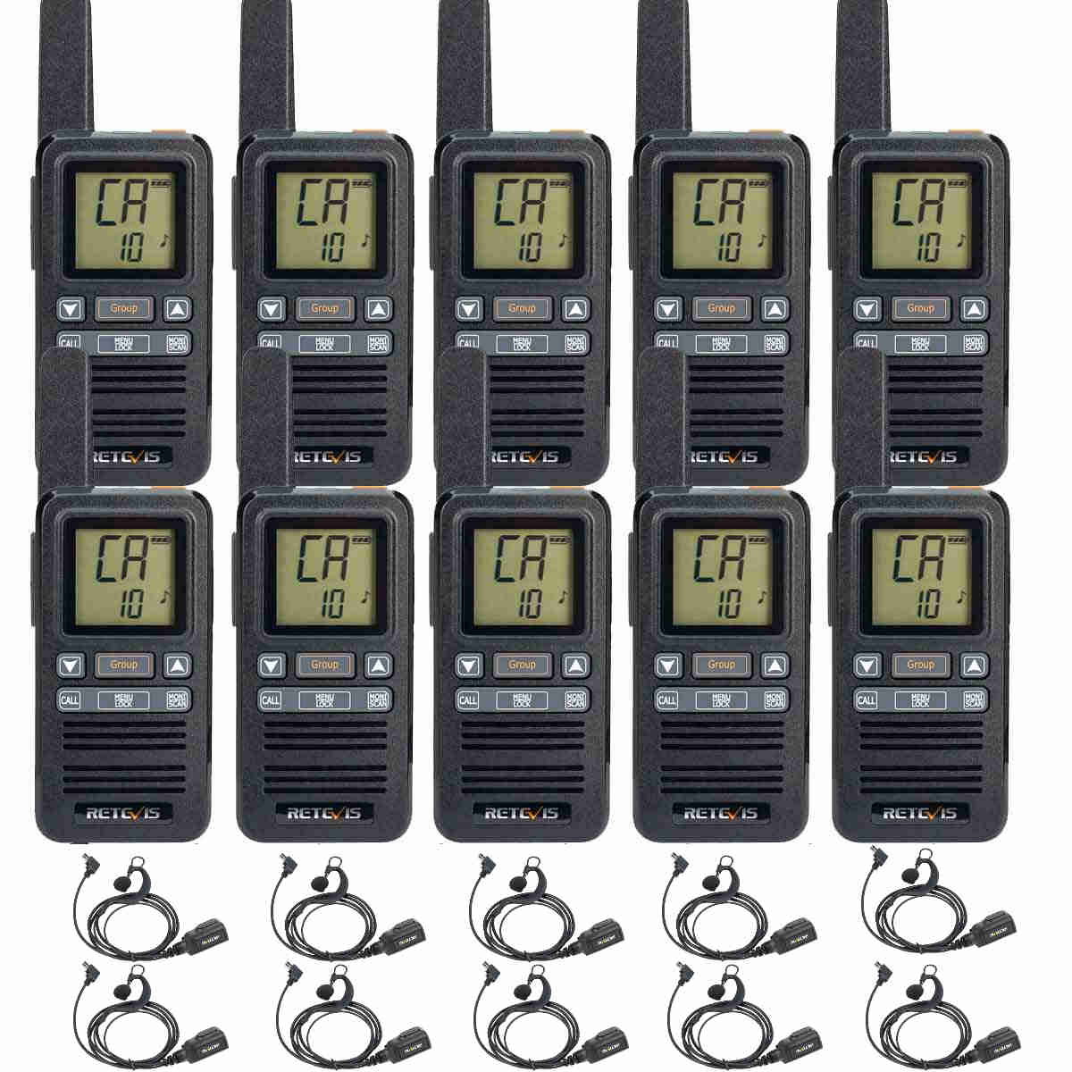 RB67 Small License-free Group Call Walkie Talkies with Earpieces 10Pack