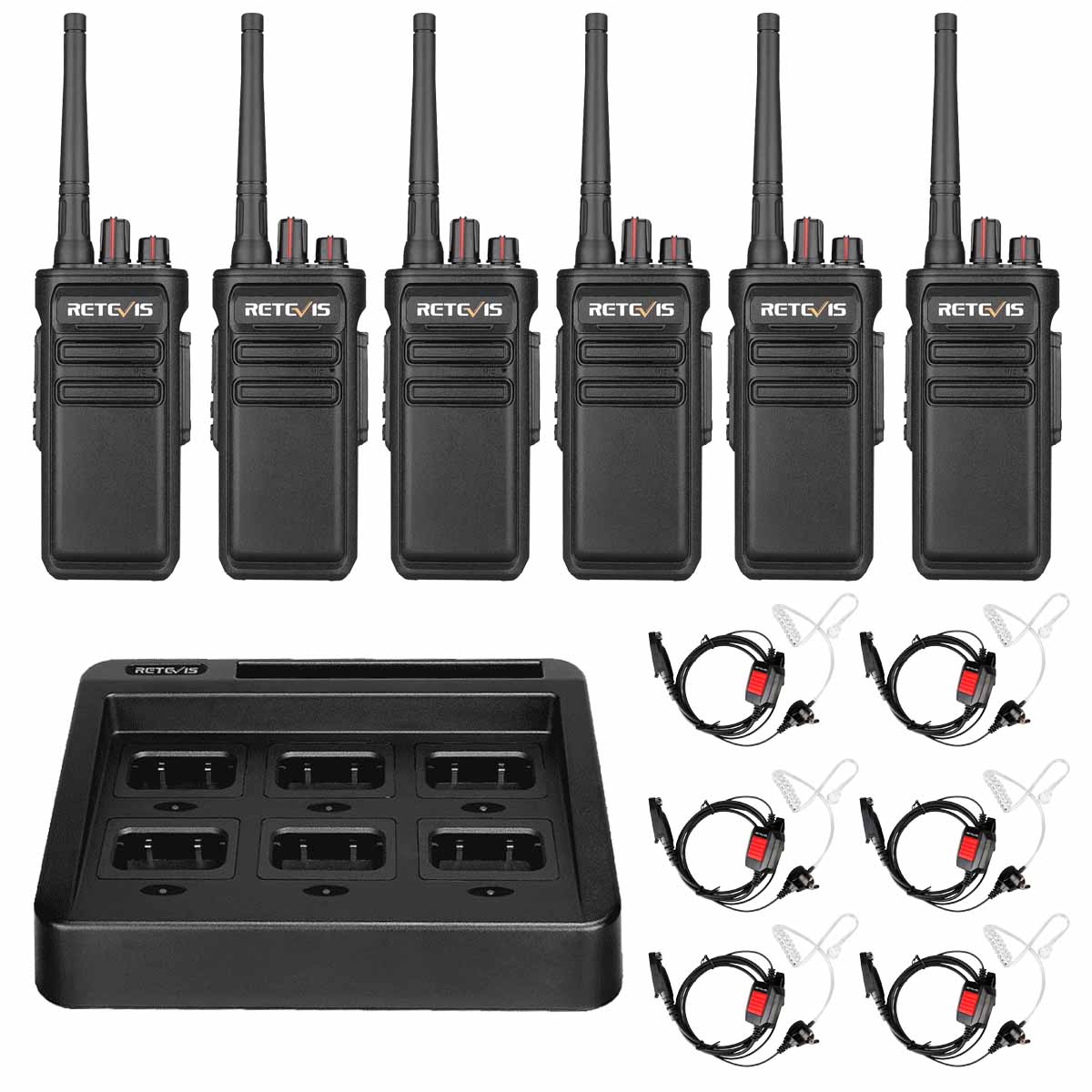 RB23 Waterproof GMRS Two Way Radio with Earpiece 6 Pack Plus Six-Way Charger
