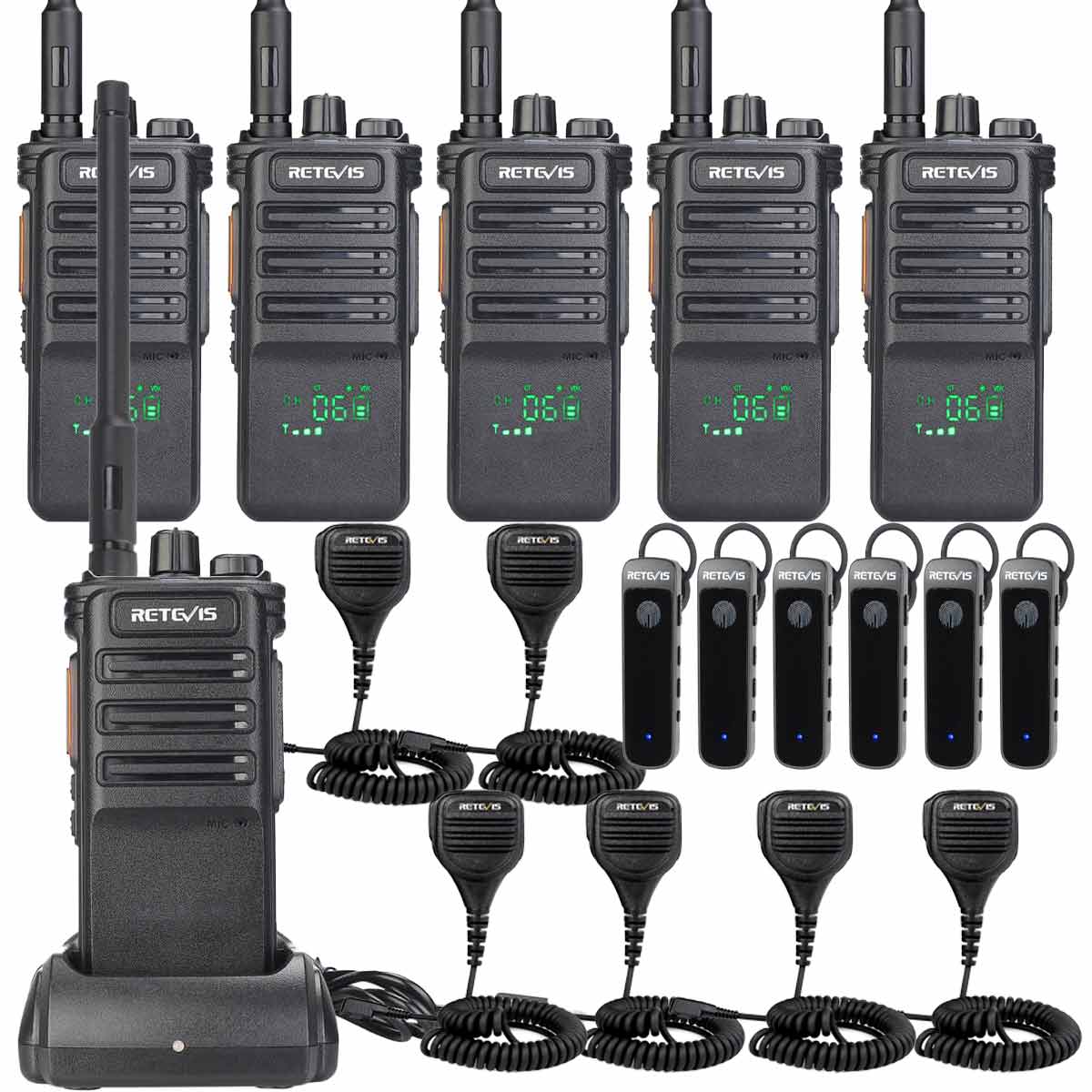 Retevis RB89 GMRS Walkie Talkie (6 Pack) with Shoulder Speaker Mic and Bluetooth Earpiece Kit