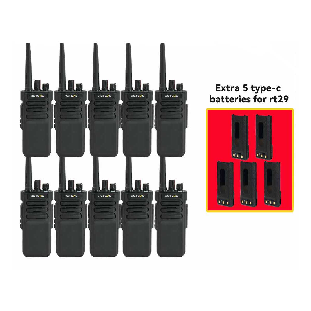 Retevis RT29 Long Distance Business Radio 10Pack with 5 Extra Type-C Batteries