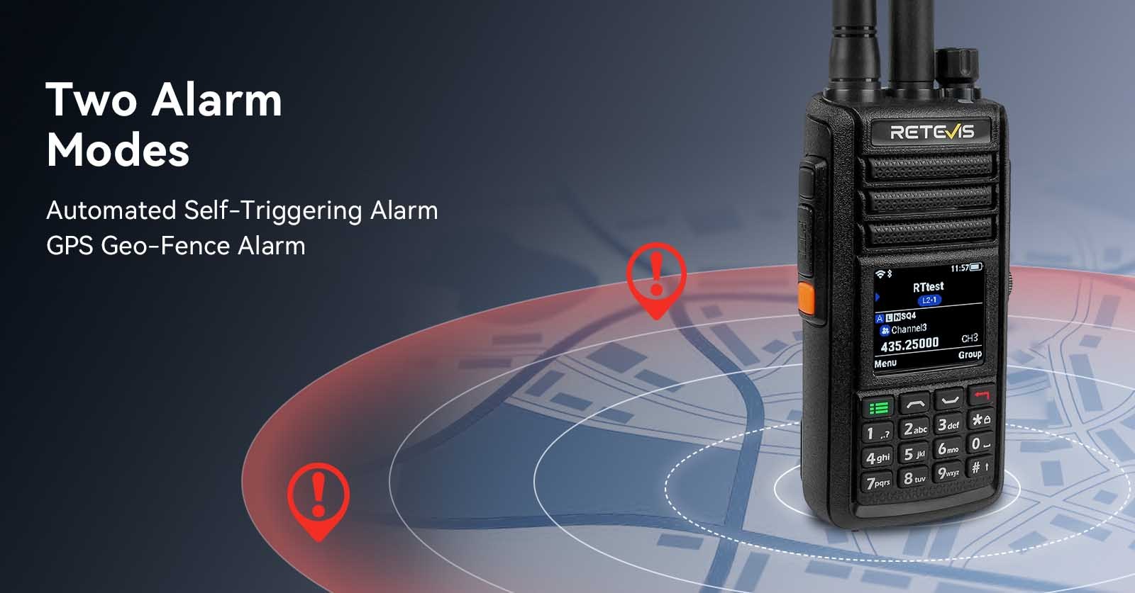 MateTalk L2 walkie talkie featuring automatic and GPS geofence alarm modes.