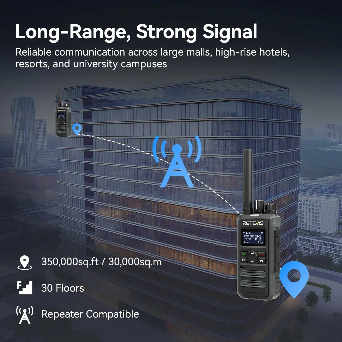 long range strong singal dmr P3 two way radio can ensure clear communication up to 350,000 sq.ft or 30 floors