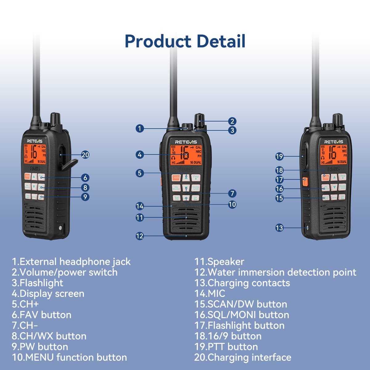Retevis RM15 Handheld Marine radio 6W Floating VHF Radio IP68 Waterproof Radio