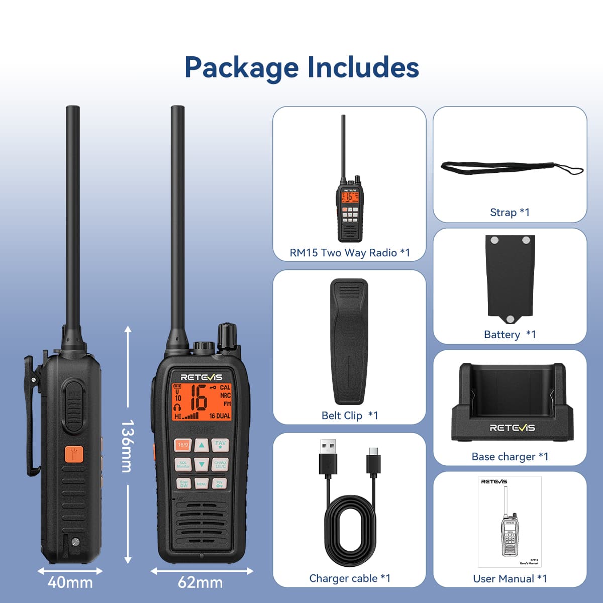 Retevis RM15 Handheld Marine radio 6W Floating VHF Radio IP68 Waterproof Radio