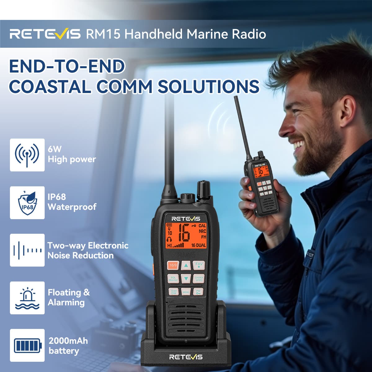 Retevis RM15 Handheld Marine radio 6W Floating VHF Radio IP68 Waterproof Radio