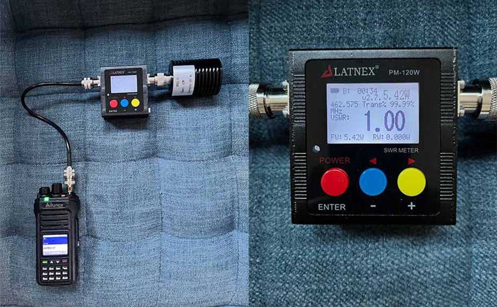 Ha1g Handheld radio connected to an RF power and SWR meter for transmitter testing, with the meter displaying a 1.00 SWR reading.