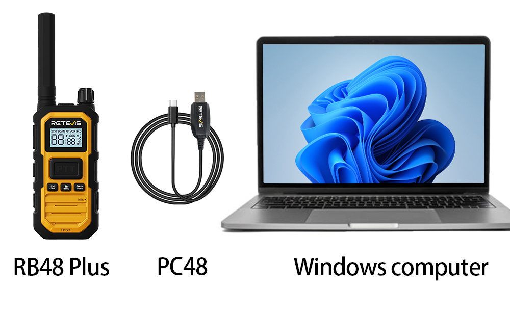 RB48 Plus walkie-talkie, PC48 (RB48 Plus dedicated programming cable), Windows computer