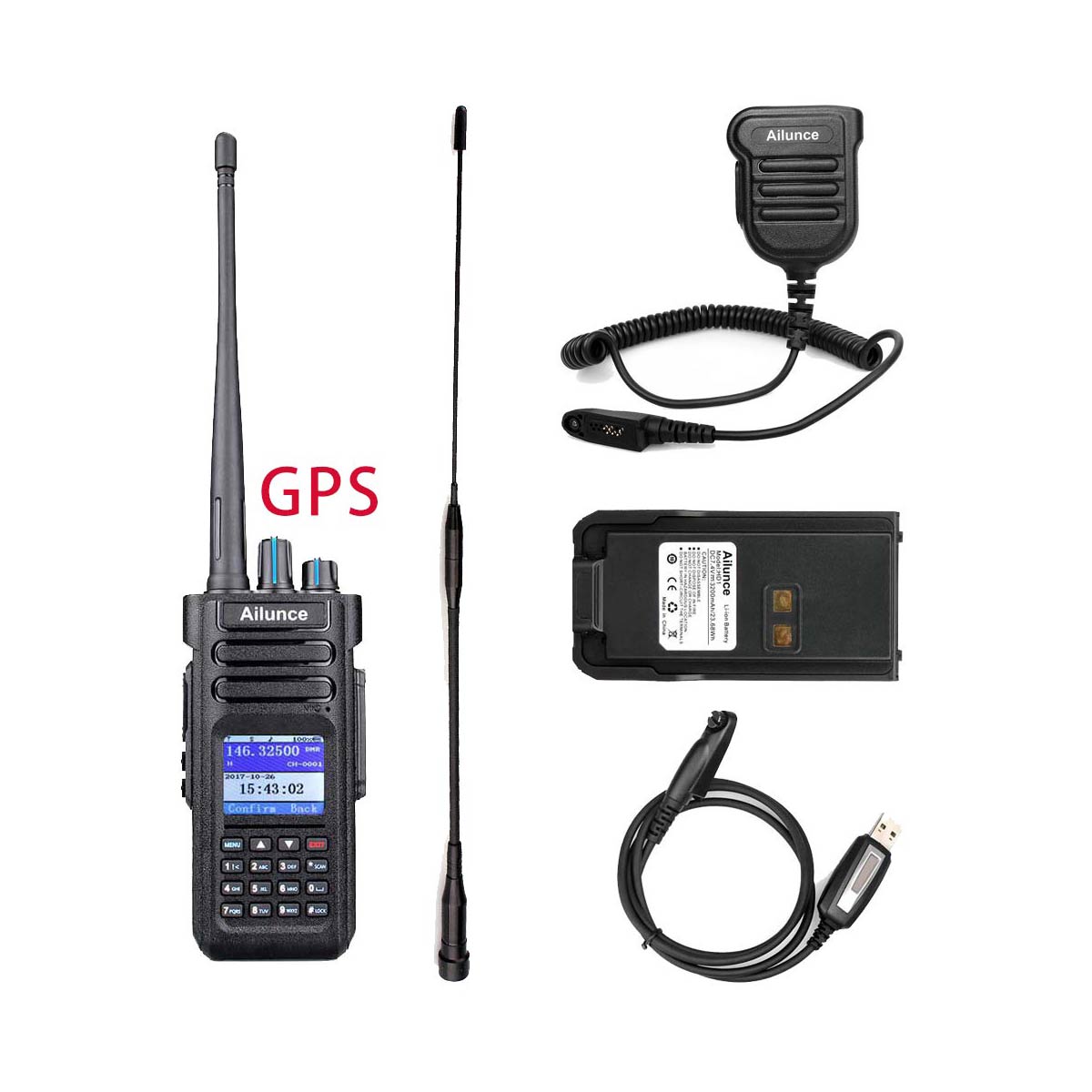 HD1GPS+IP67 Speaker Mic+Programming Cable+Long Antenna+Battery
