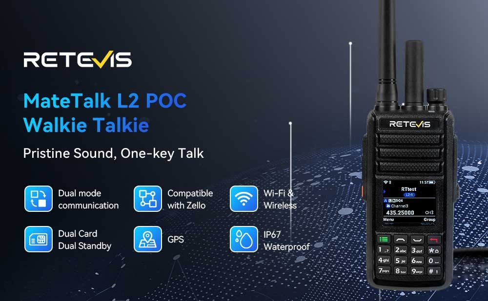 L2 Radios Features: Dual-mode communication, Compatible with Zello, Wi-Fi & Wireless, Dual Card, Dual Standby, GPS IP67, Waterproof