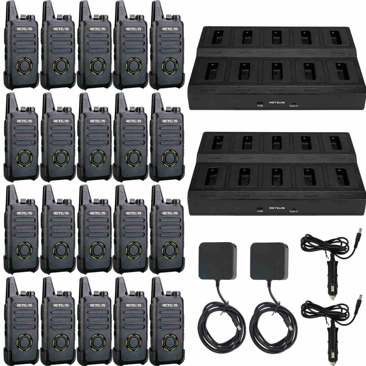 Retevis RT22S Channel Display FRS Walkie Talkie (20 PCS) with 10-Way Charger (2 PCS)