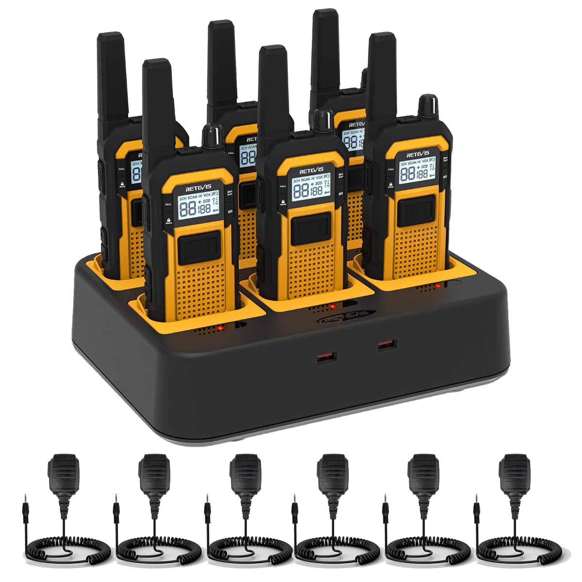Retevis RB648 PMR446 Construction Walkie Talkie with Speaker Mic 6 Pack Plus Gang Charger