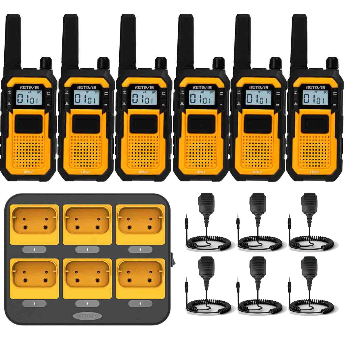 RB48 Heavy Duty Walkie Talkie with Speaker Mic 6pack plus 6 Way Multi Gang Charger