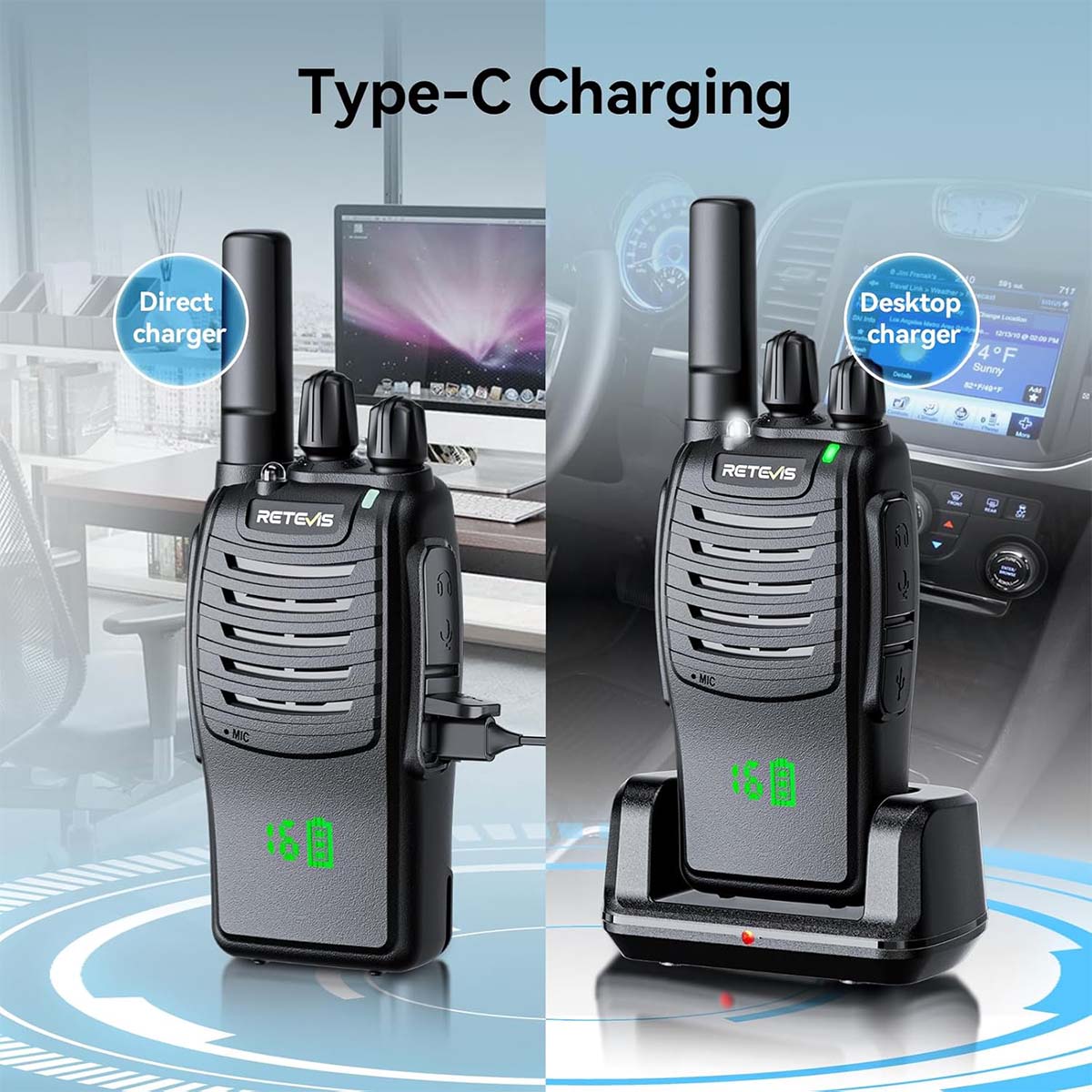 Retevis H777H Walkie-Talkie 3 Pezzi | Display Nascosto, Ricarica USB-C, Torcia, Allarme Emergenza, 55h Standby