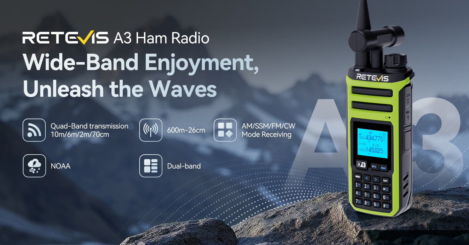 Retevis A3 Ham Transceiver Full Band Reception (0.5-1160MHz) 999 Channels Amateur Radio